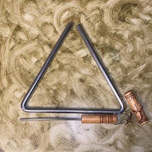 Vintage ANDROCK Silver Triangle Instrument with Wooden Handle Metal Beater